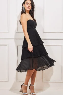 Midi Dresses^* Pleated Bandeau Bodice Chiffon Tiered Midi Black