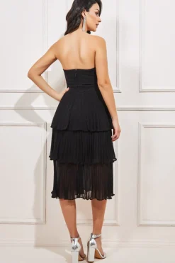 Midi Dresses^* Pleated Bandeau Bodice Chiffon Tiered Midi Black