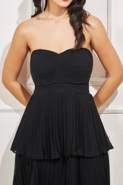 Midi Dresses^* Pleated Bandeau Bodice Chiffon Tiered Midi Black