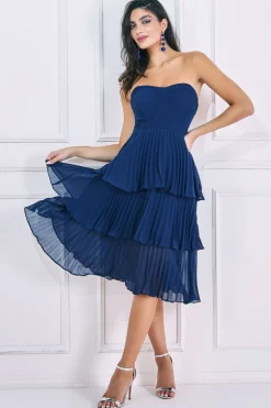 Midi Dresses^* Pleated Bandeau Bodice Chiffon Tiered Midi Navy