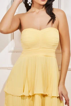 Midi Dresses^* Pleated Bandeau Bodice Chiffon Tiered Midi Yellow