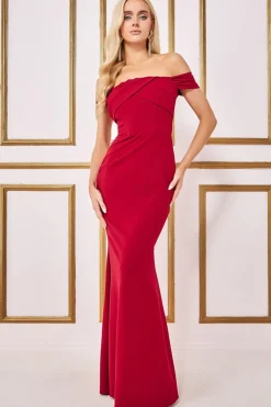 Maxi Dresses^* Pleated Bardot Scuba Maxi Dress Wine