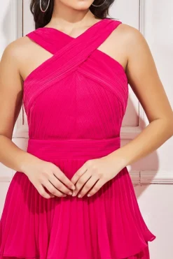 Midi Dresses^* Pleated Bodice Chiffon Tiered Midi Hotpink