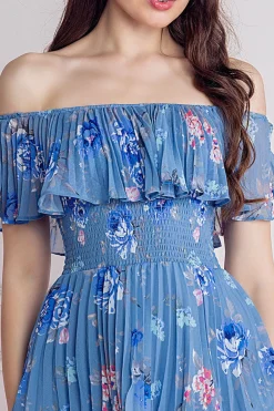 Midi Dresses^* Pleated Bodice Chiffon Tiered Midi Dress Blue