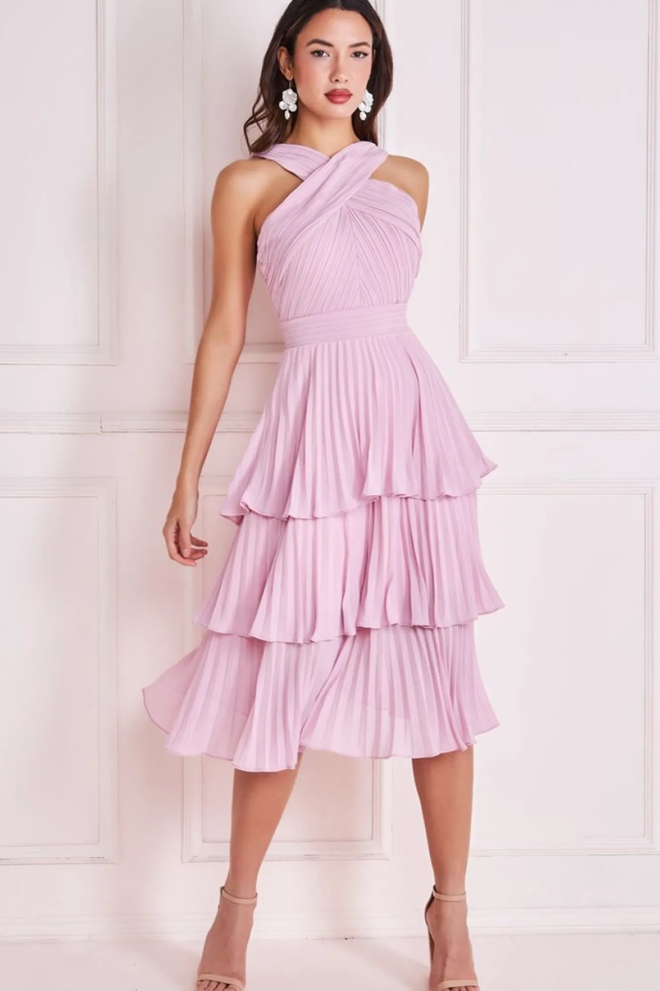 Midi Dresses^* Pleated Bodice Chiffon Tiered Midi Blush