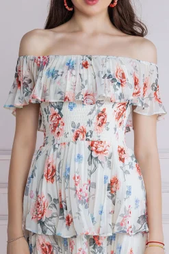 Midi Dresses^* Pleated Bodice Chiffon Tiered Midi Dress Cream