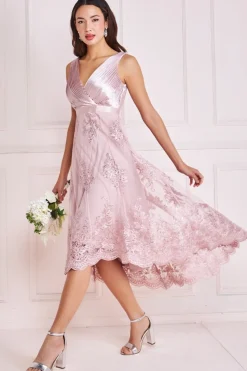 Midi Dresses^* Pleated Satin V Neck High And Low Midi Pink