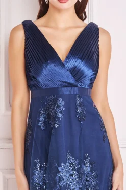 Midi Dresses^* Pleated Satin V Neck High And Low Midi Navy