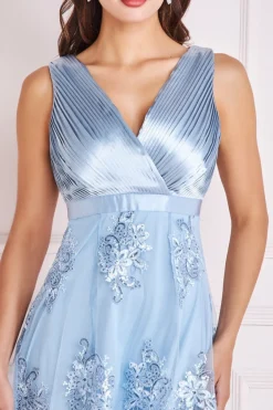 Midi Dresses^* Pleated Satin V Neck High And Low Midi Lightblue