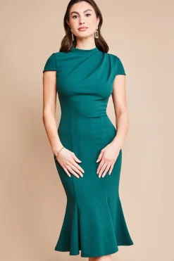 Midi Dresses^* Pleated Shoulder High Neck Midi - Emerald Green Emeraldgreen