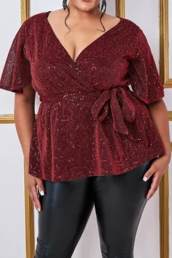 Blouses^* Plus Lurex Flutter Sleeve Wrap Top Wine