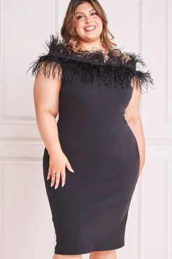 Midi Dresses^* Plus Off The Shoulder Feather Midi Dress Black
