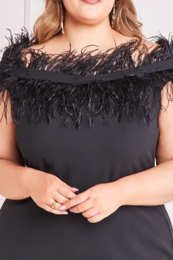 Midi Dresses^* Plus Off The Shoulder Feather Midi Dress Black