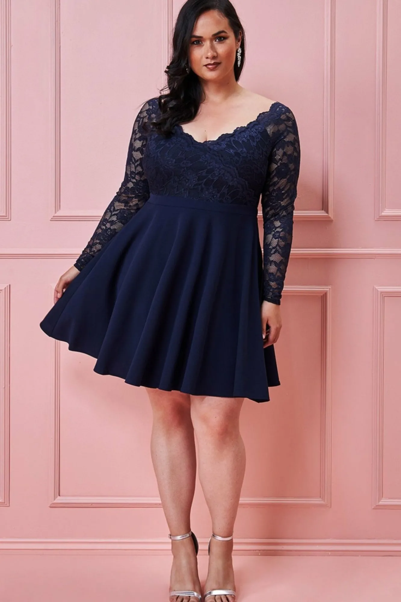 Mini Dresses^* Plus Off The Shoulder Lace Skater Dress Navy