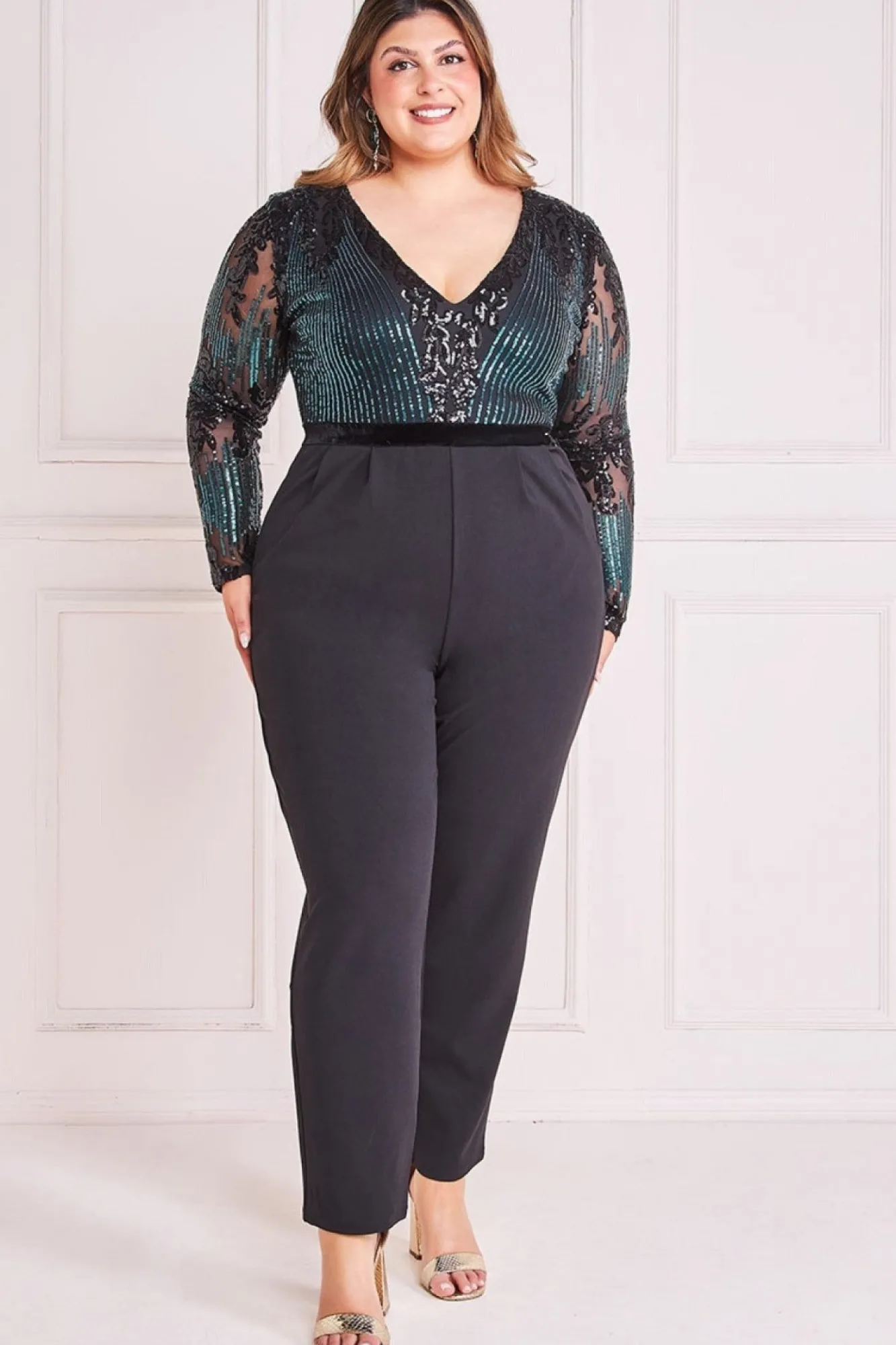 Jumpsuits^* Plus Sequin & Mesh Jumpsuit - Emerald Green