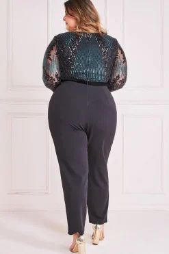 Jumpsuits^* Plus Sequin & Mesh Jumpsuit - Emerald Green