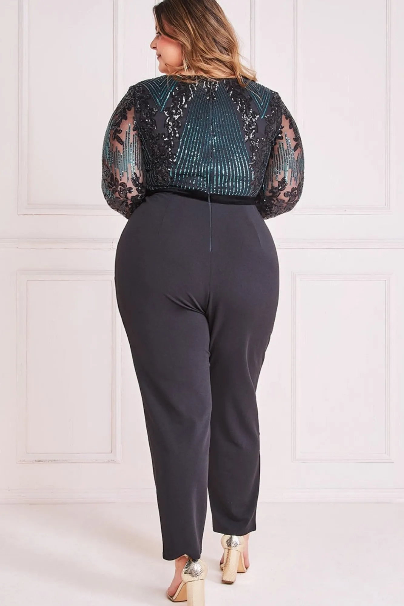 Jumpsuits^* Plus Sequin & Mesh Jumpsuit - Emerald Green
