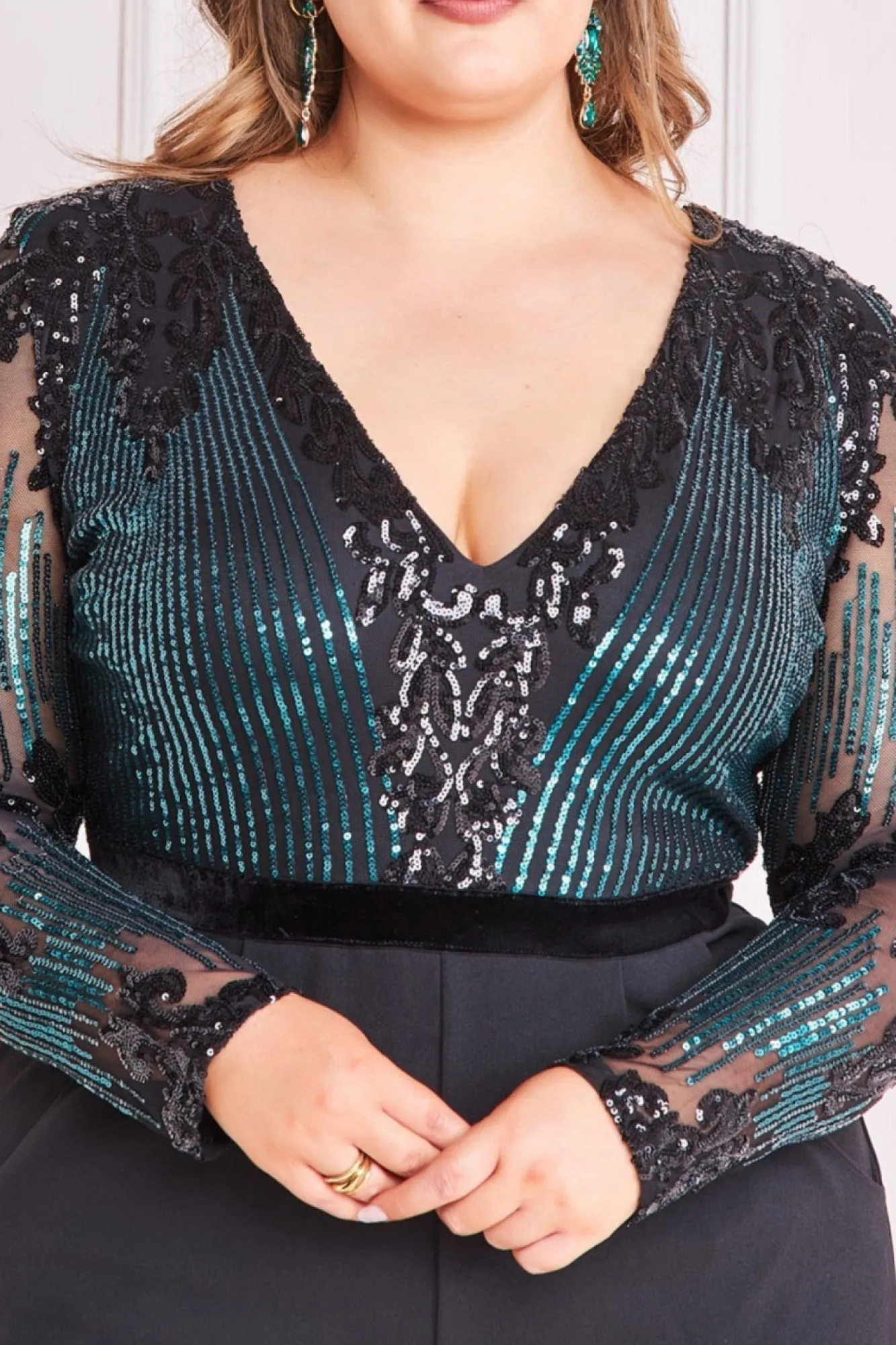 Jumpsuits^* Plus Sequin & Mesh Jumpsuit - Emerald Green