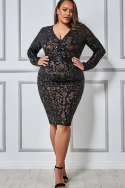 Midi Dresses^* Plus Sequin & Mesh Midi Dress Black