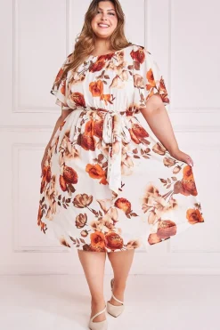 Midi Dresses^* Plus Wrap Back Flutter Sleeve Midi Dress Beige