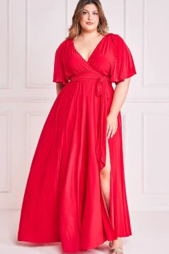 Maxi Dresses^* Plus Wrap Front Maxi With Flutter Sleeves Red