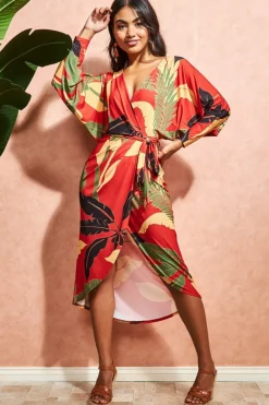 Midi Dresses^* Printed Batwing Wrap Midi Dress Orange