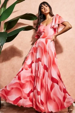 Maxi Dresses^* Printed Chiffon Pleated Maxi Dress Coral