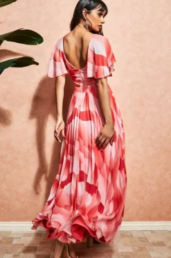 Maxi Dresses^* Printed Chiffon Pleated Maxi Dress Coral