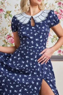 Midi Dresses^* Printed Midi With Front Split Navy
