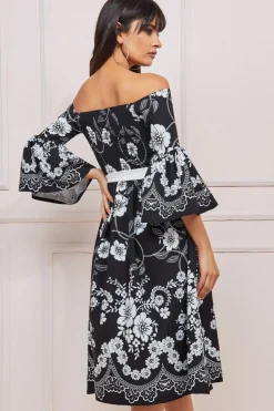 Midi Dresses^* Printed Off The Shoulder Midi Dress Black