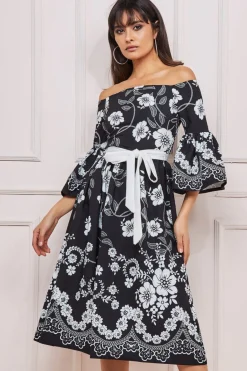 Midi Dresses^* Printed Off The Shoulder Midi Dress Black