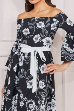 Midi Dresses^* Printed Off The Shoulder Midi Dress Black