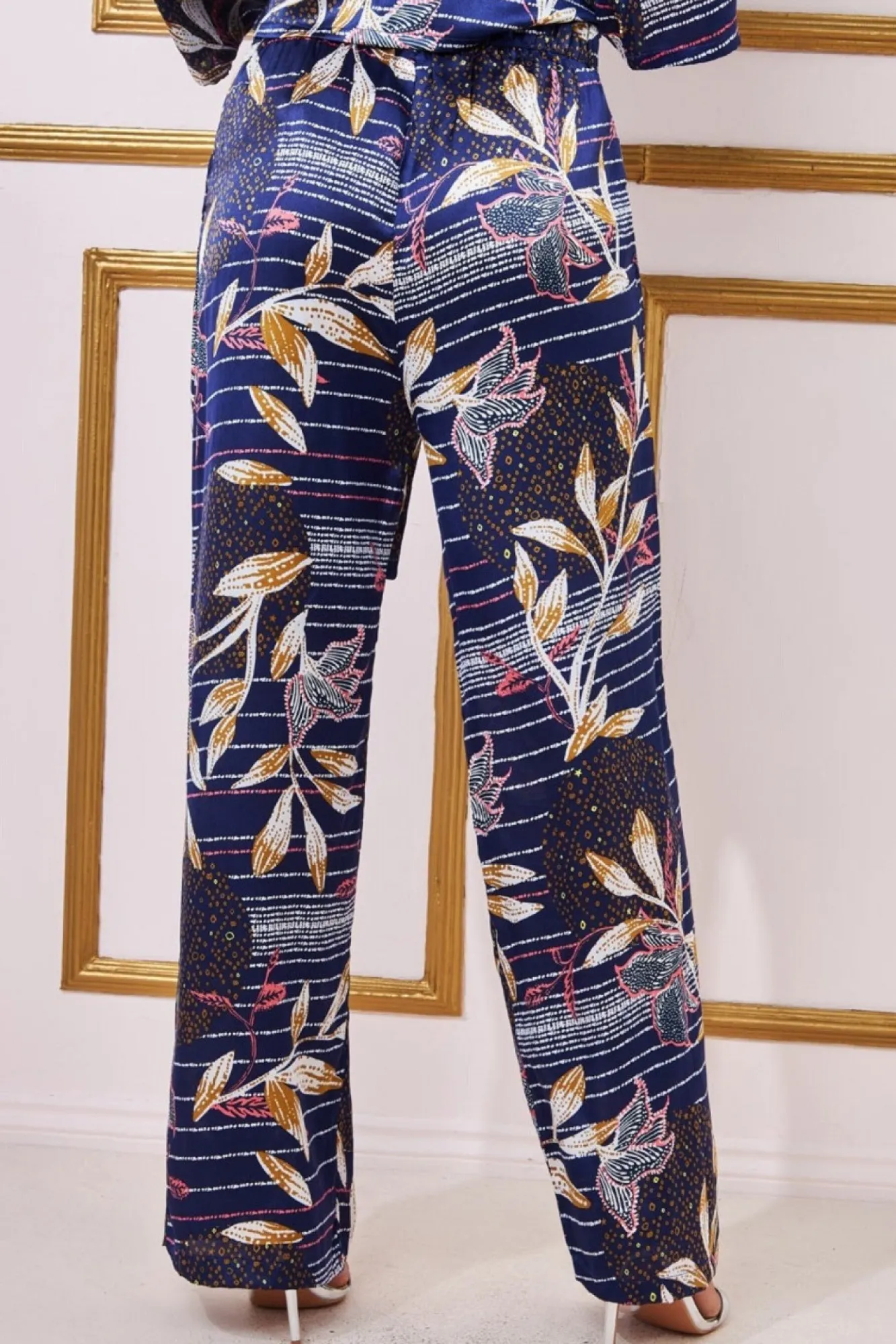 Trousers^* Printed Satin Wide Leg Trouser Navy