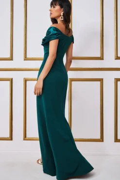 Maxi Dresses^* Satin & Scuba Off The Shoulder Maxi Dress Emerald