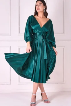 Midi Dresses^* Satin Pleated Skirt Wrap Midi Dress Emerald Green