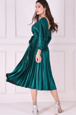 Midi Dresses^* Satin Pleated Skirt Wrap Midi Dress Emerald Green