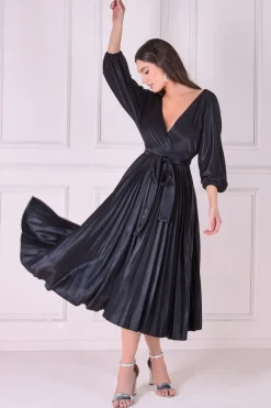 Midi Dresses^* Satin Pleated Skirt Wrap Midi Dress Black