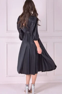 Midi Dresses^* Satin Pleated Skirt Wrap Midi Dress Black