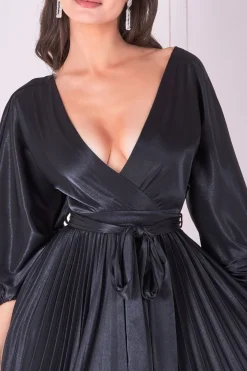 Midi Dresses^* Satin Pleated Skirt Wrap Midi Dress Black