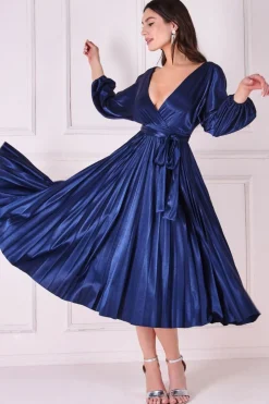 Midi Dresses^* Satin Pleated Skirt Wrap Midi Dress Navy