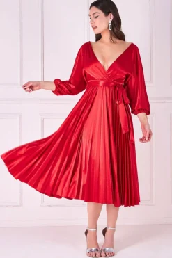 Midi Dresses^* Satin Pleated Skirt Wrap Midi Dress Red