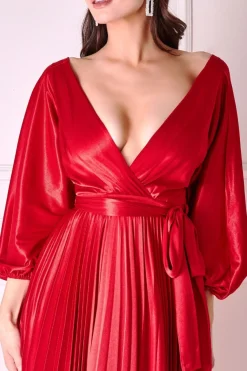 Midi Dresses^* Satin Pleated Skirt Wrap Midi Dress Red
