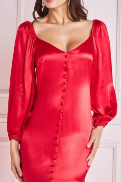 Midi Dresses^* Satin Viscose Front Buttoned Dipped Hem Midi Red