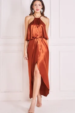 Midi Dresses^* Satin Viscose Front Wrap Midi Brown