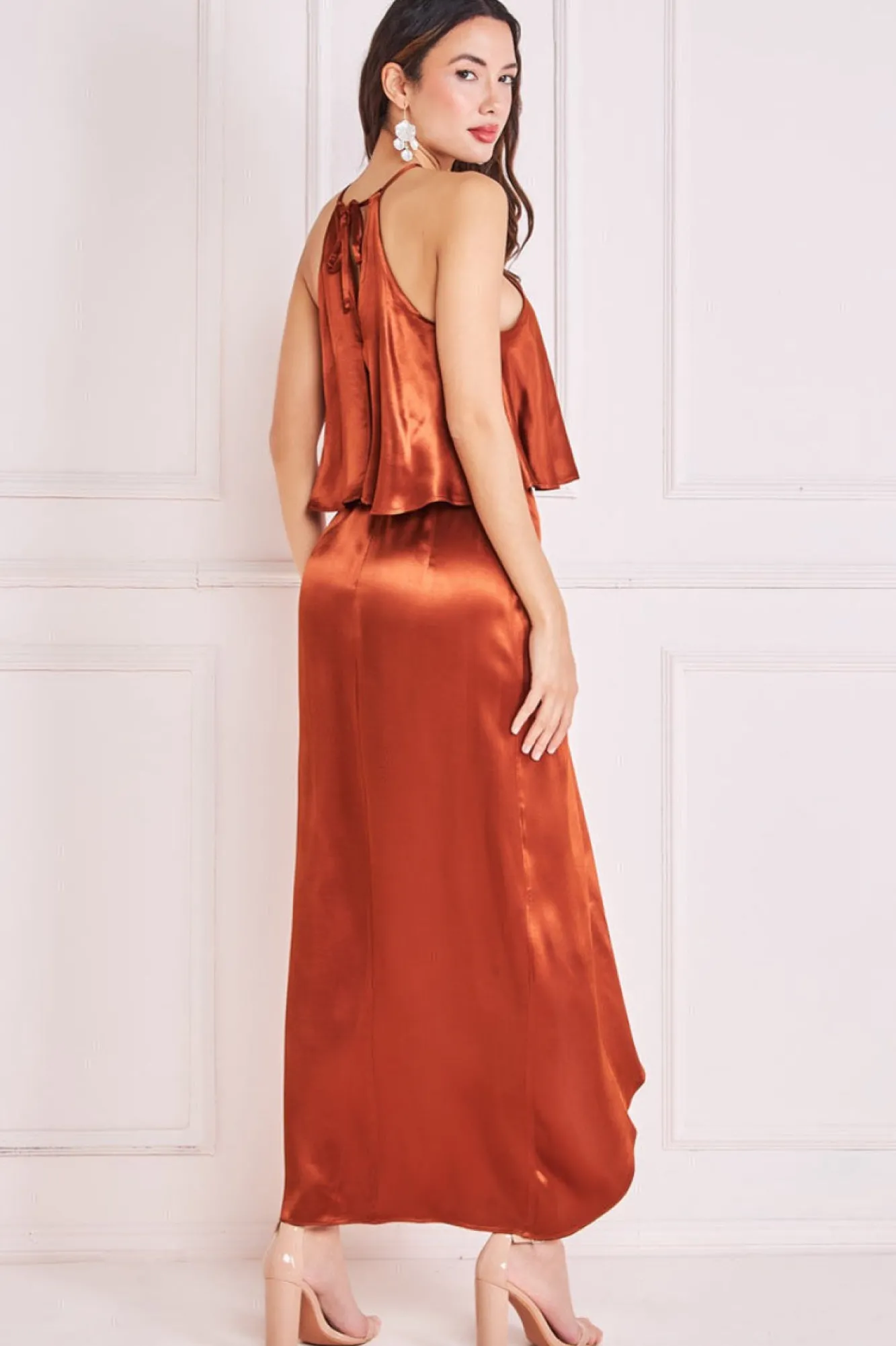 Midi Dresses^* Satin Viscose Front Wrap Midi Brown