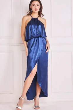 Midi Dresses^* Satin Viscose Front Wrap Midi Dress Navy