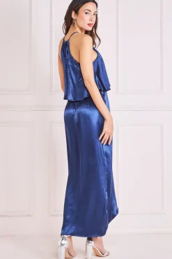 Midi Dresses^* Satin Viscose Front Wrap Midi Dress Navy