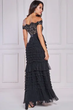 Maxi Dresses^* Scallop Bardot Ruffle Mesh Maxi Black