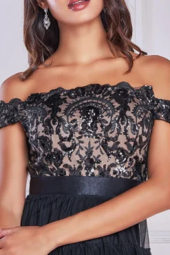 Maxi Dresses^* Scallop Bardot Ruffle Mesh Maxi Black