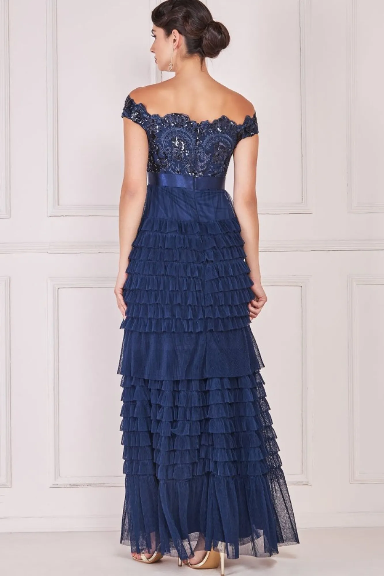 Maxi Dresses^* Scallop Bardot Ruffle Mesh Maxi Navy